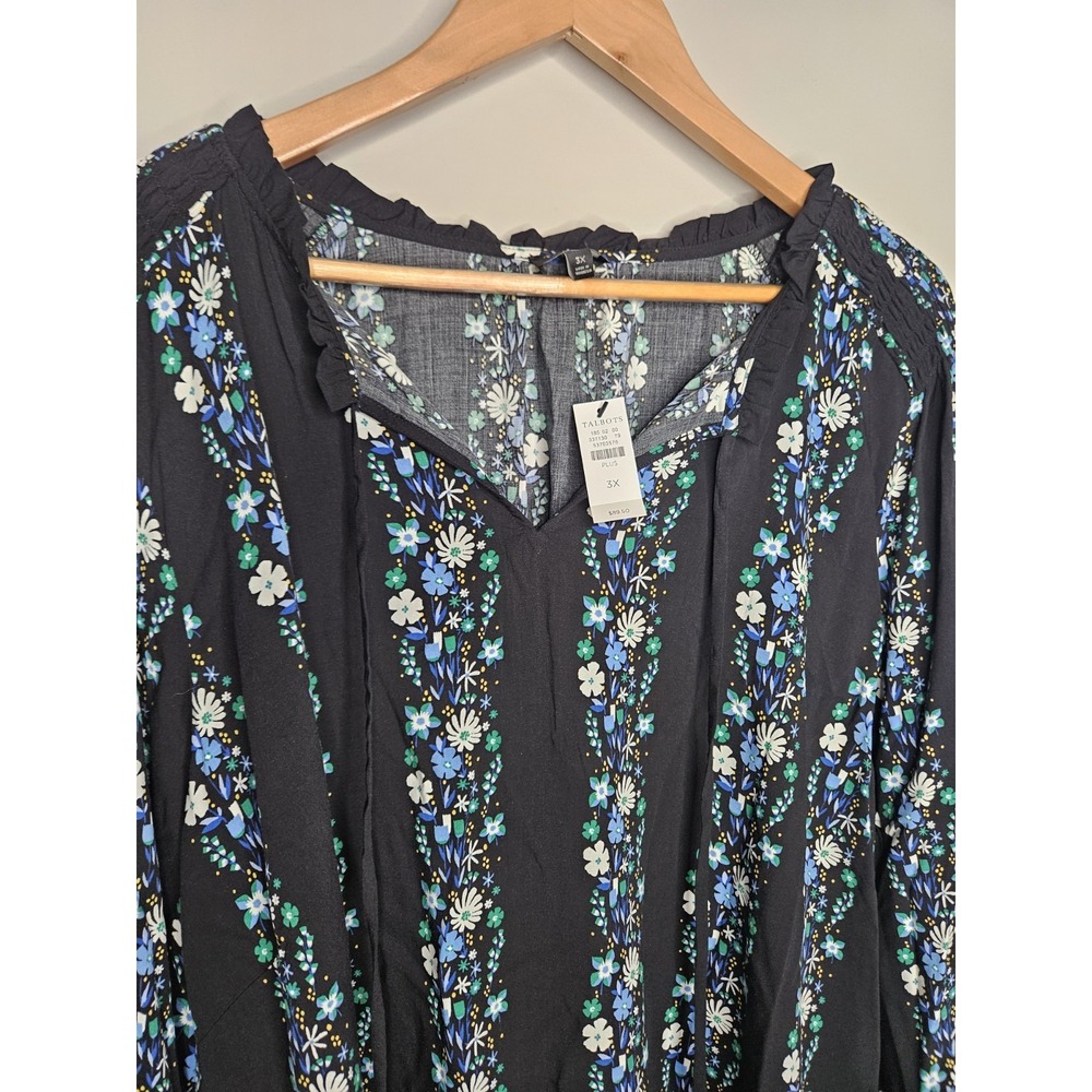 Talbots Blouse 3X Black Floral Peasant Puff Smocked Boho Tassels Feminine Flowy - Picture 5 of 12